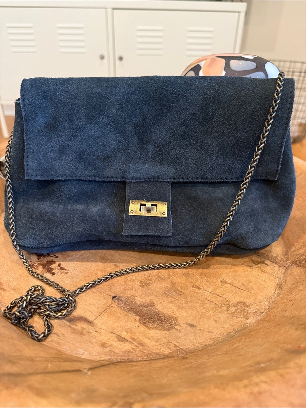 Free People Suede Navy Chain Shoulder Bag